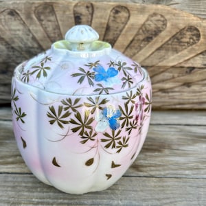 c1900 Antique Biscuit Jar With Lid Pink Porcelain Gold Florals