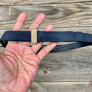 80s Vintage St John Black Satin Belt With Gold Rhinestone Accent 35&quot; End to End