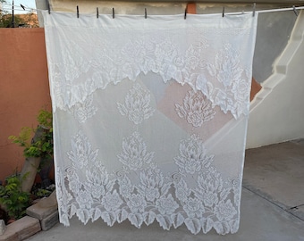 Vintage Lace Curtain Panel 58" W x 64" L White Country Cottage Mesh Dots 