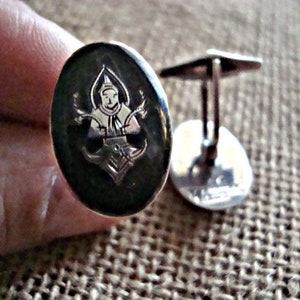 Sterling Silver Siam Niello Cufflinks Vintage 1950s