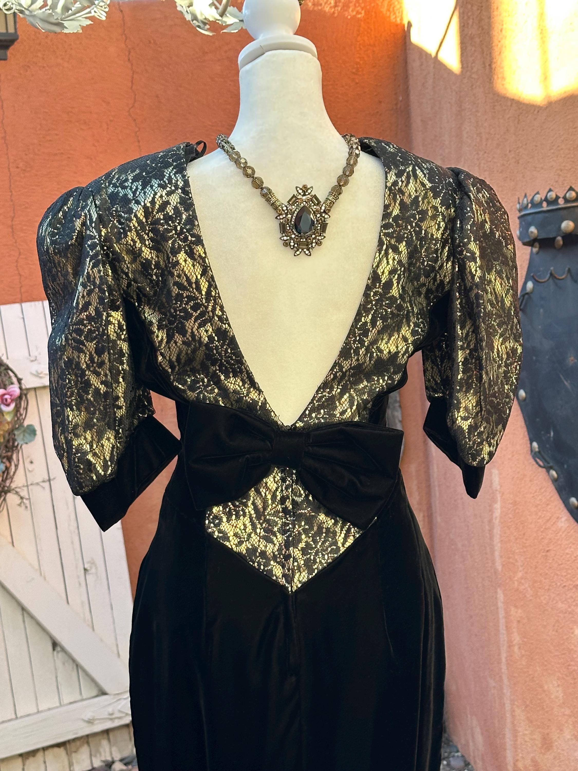 black velvet gold dress Black Velvet and Wool Dress with Gold Heart Buttons – Vintage Couture