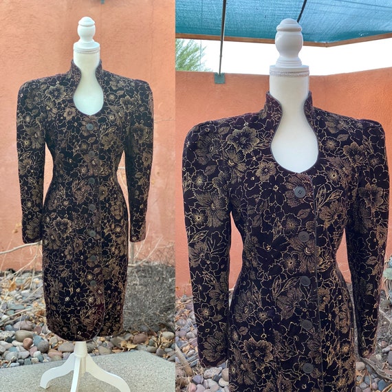 80s Vintage Black Velvet With Gold Metallic Floral