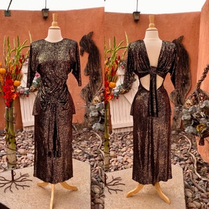 80s Vintage Janines Fashions Of London Black n Gold Velour Keyhole Back Dress Size S