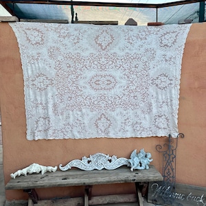Midcentury Vintage Quaker Lace 4426 Beige Tablecloth Picot Edges 86&quot; x 58&quot;