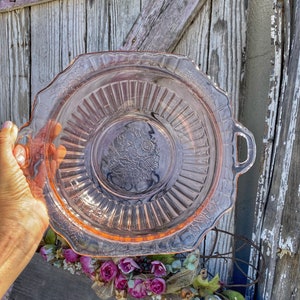 1930s Mayfair Pink Depression Glass Handled 11.75&quot; Serving Bowl Open Rose Pattern