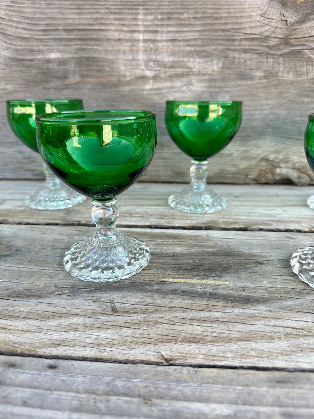 Pair of 2 Bubble Foot Green Liquor 1950s Cocktail Liquor Glasses 4 Tall