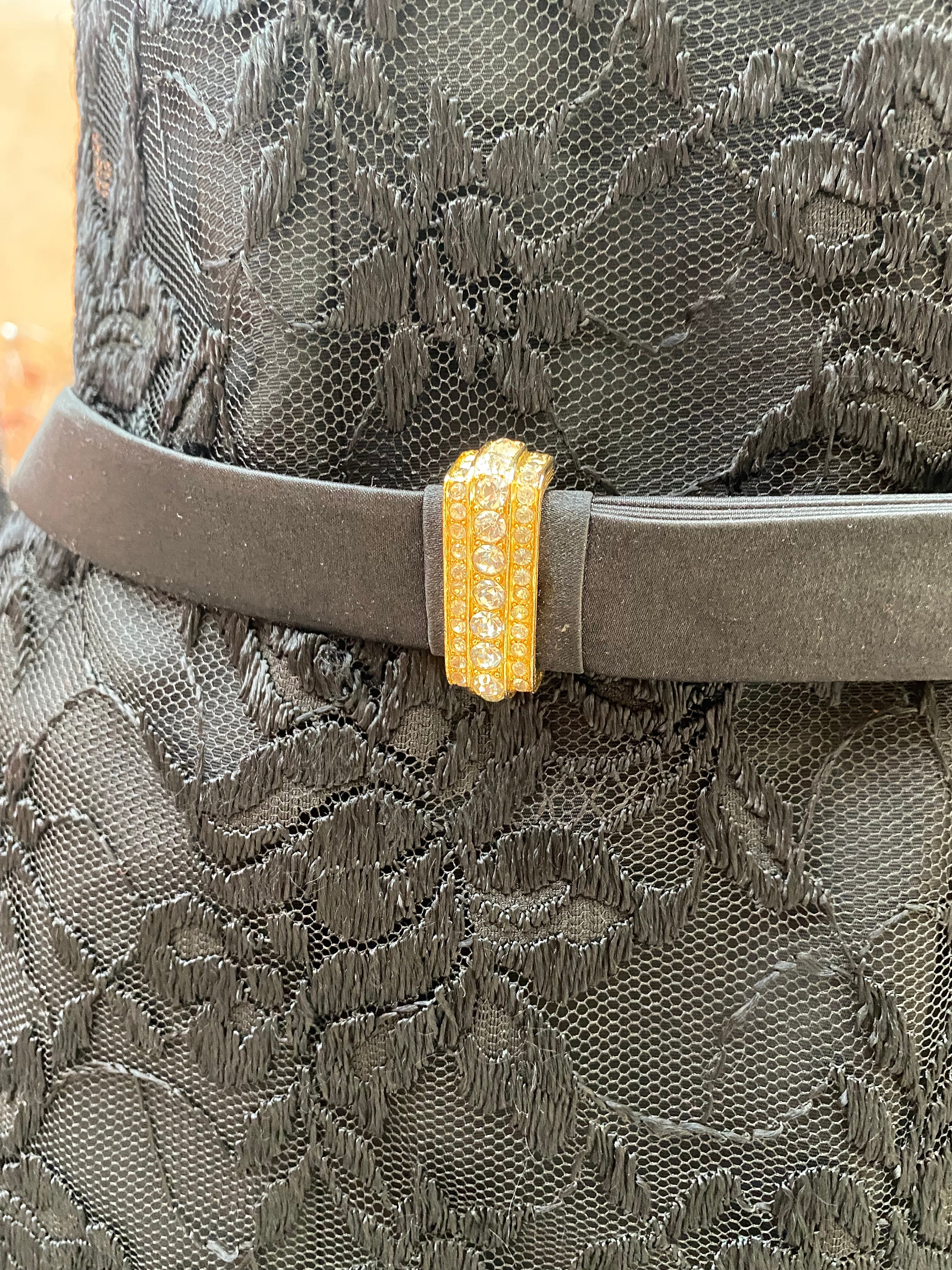 St. John black satin belt with baguette rhinestone embellishments, size medium 80s Vintage St John Black Satin Belt: Gold Rhinestone Accent  main image 2
