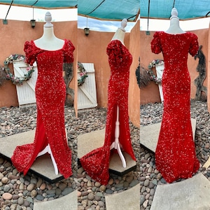 May include: A red sequined evening gown with a high slit and puff sleeves. The gown is on a white mannequin and is displayed against a backdrop of rocks and greenery.