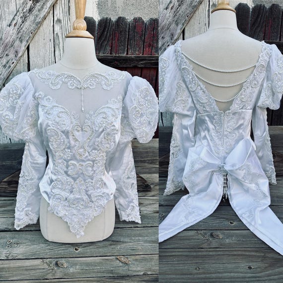 80s White Satin N Lace Repurposed Wedding Blouse With Back Jewelry