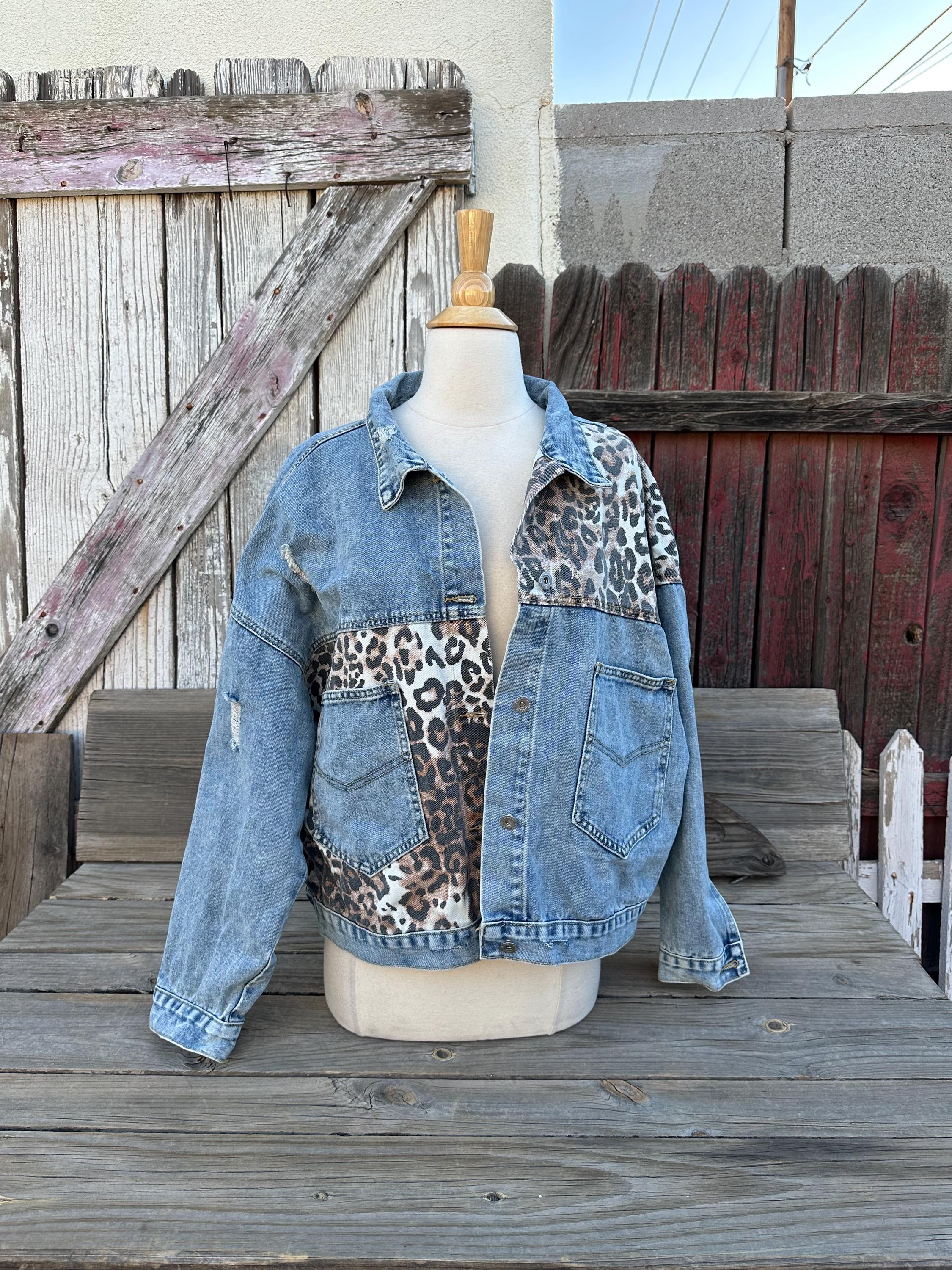 80s Vintage Distressed Denim Jacket Leopard Print Patches Size L 