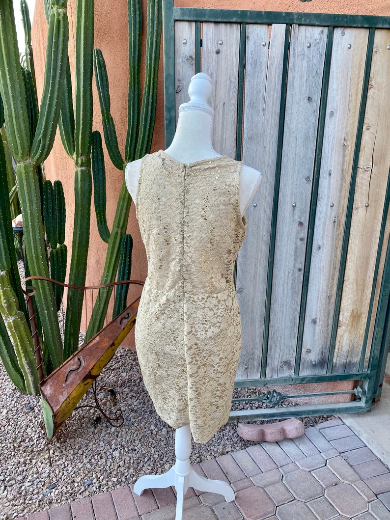 90s Gold Sparkle Sequin Stretch Lace Dress Sheer Midriff Size Etsy