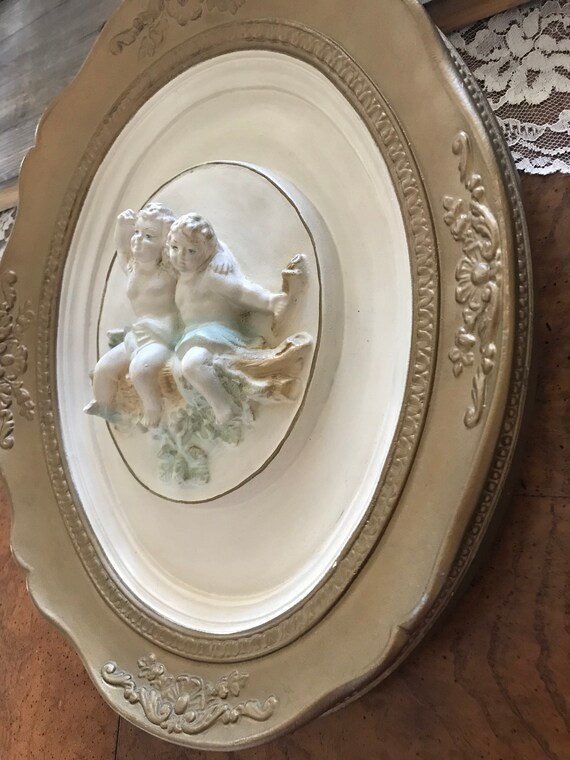 1950s Alexander Backer Chalkware Bas Relief Cherubs Wall Plaque