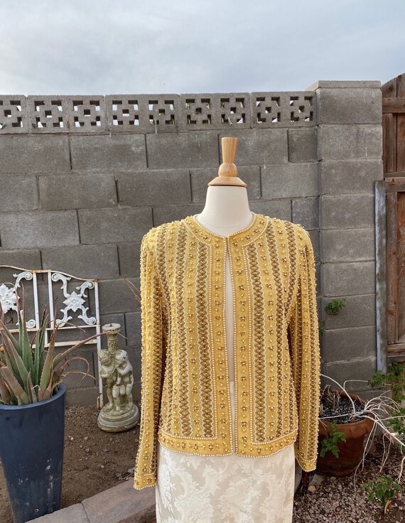 SALE 80s Heavily Beaded Formal Yellow Beige Silk B