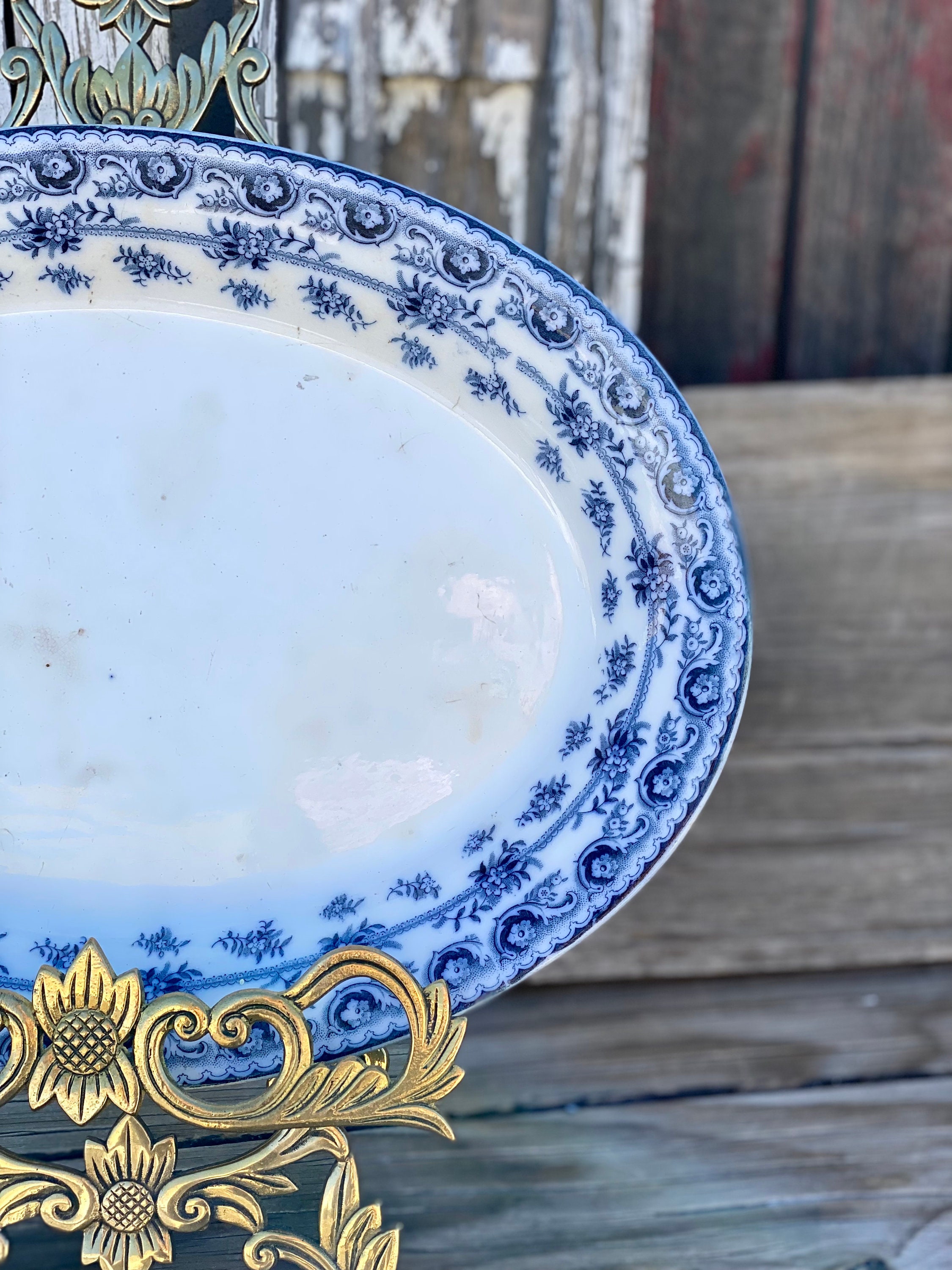 Antique Flow Blue Platter Burslem England Bourne & Leigh Erie