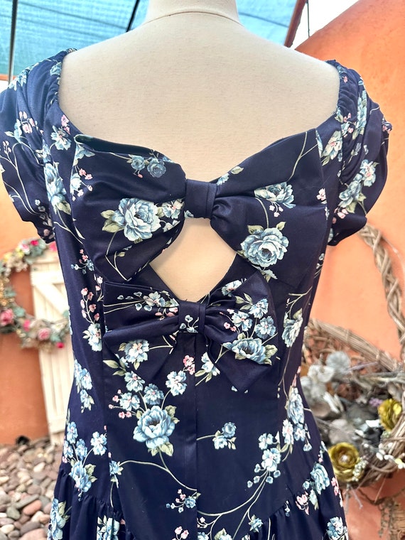 ILGWU Vintage Navy Blue Floral Midi Dress Keyhole… - image 6