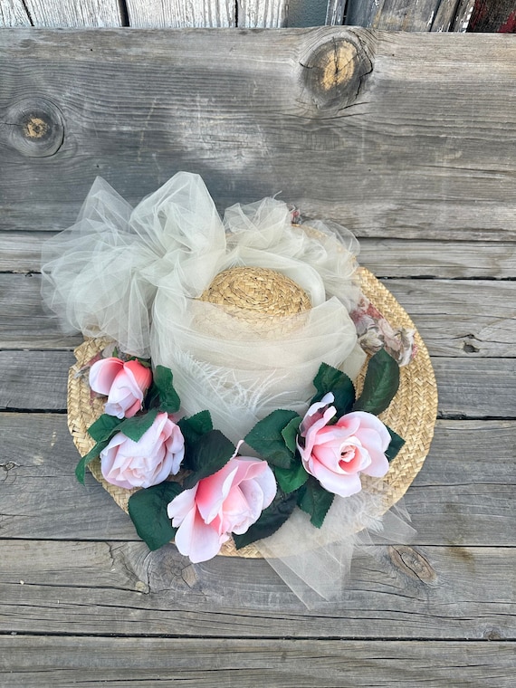Vintage Millinery Wide Brimmed Straw Hat Pink Florals - Etsy display picture 1