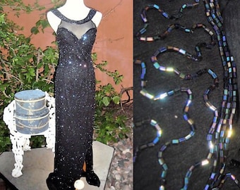 Vintage Andretta Donatello Black Silk Evening Gown Midnight Blue AB Beads Sequins Size M