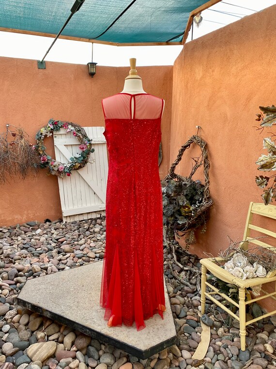 Vintage Red Formal Gown Sparkle Net Overlay Merma… - image 6