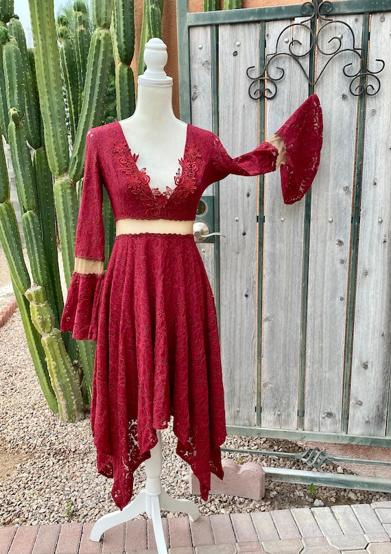 80s Burgundy Lace Asymmetrical Hem Dress Bell Cuff Sleeves Sheer