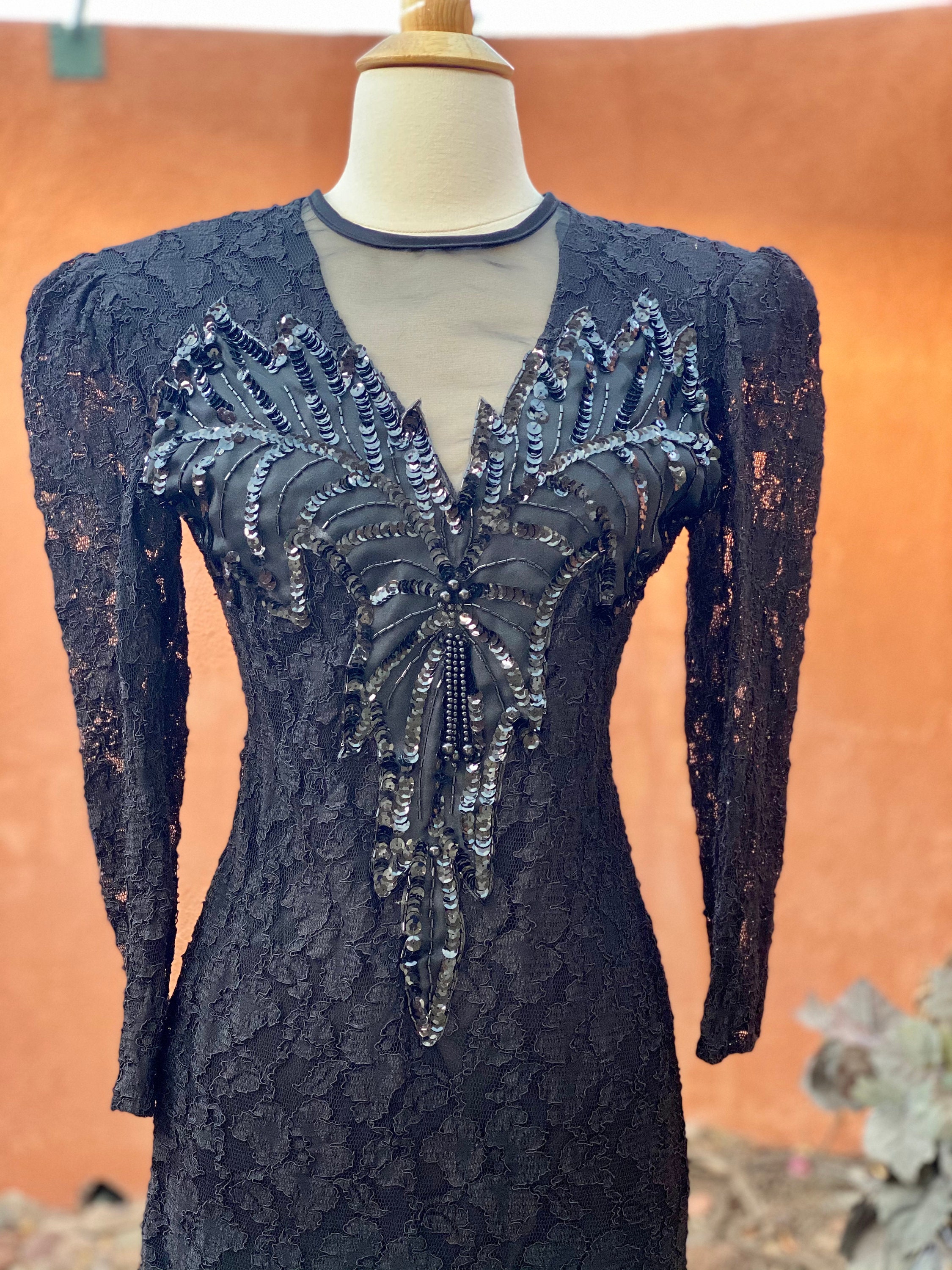 80s Black Bodycon Embellished Trophy Dress Built in Bra Illusion Lace  Neckline Size M 