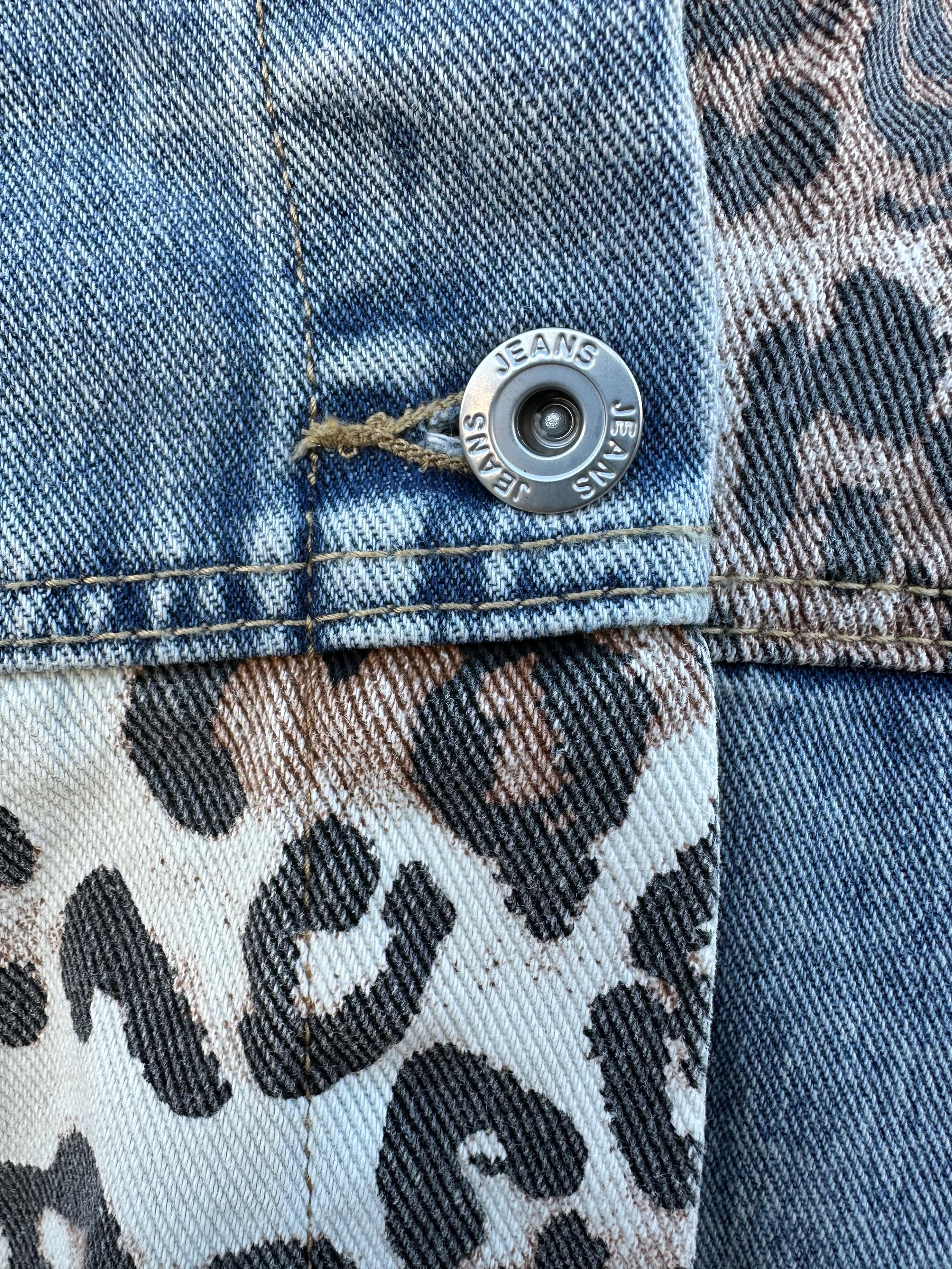 80s Vintage Distressed Denim Jacket Leopard Print Patches Size L 