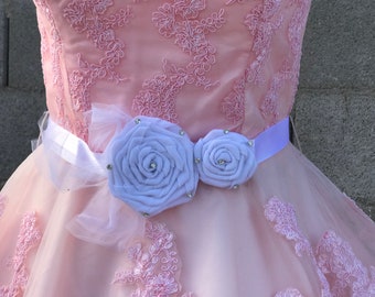 Vintage White Silky Wedding Sash with Rolled Roses , Crystals & Tulle One Size Fits All