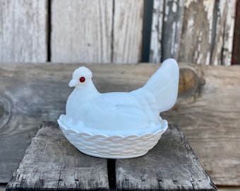 Farmhouse Vintage Milk Glass Chicken Hen Covered Dish Brown Glass Eyes Cross Mark On Scalloped Base