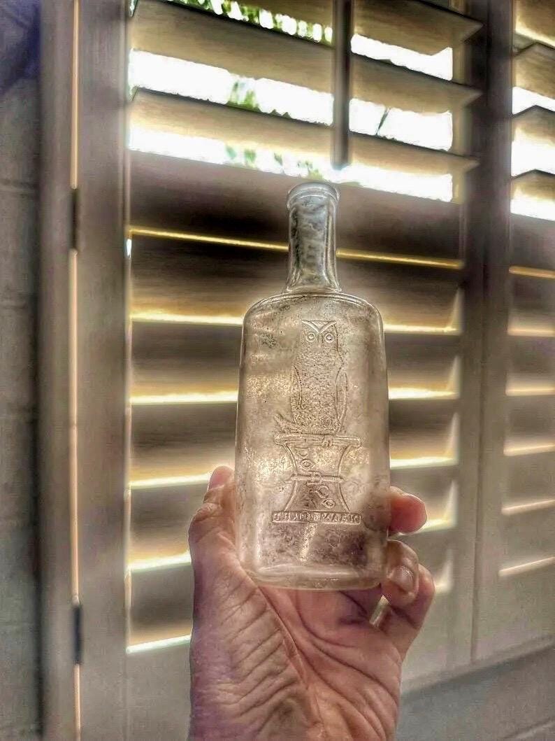 c1900 Owl Drug Company Hand Blown Clear Glass Bottle 6.75in