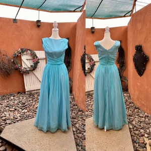 1960s Lt Blue Chiffon Overlay Maxi Dress ILGWU Original JR Theme New York