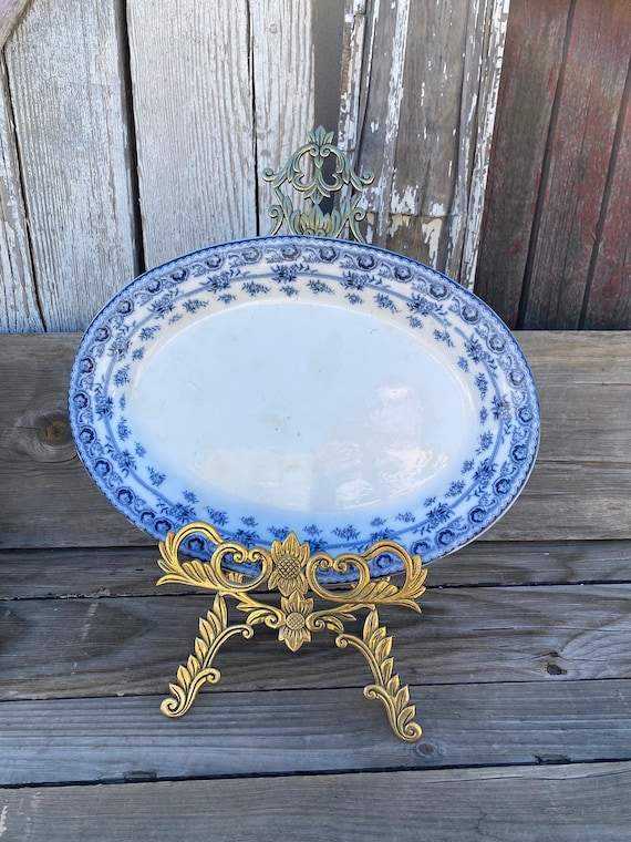 Antique Flow Blue Platter Burslem England Bourne & Leigh Erie