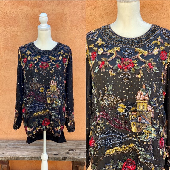 Vintage Black Silk Top Beaded Castle Scene With F… - image 1