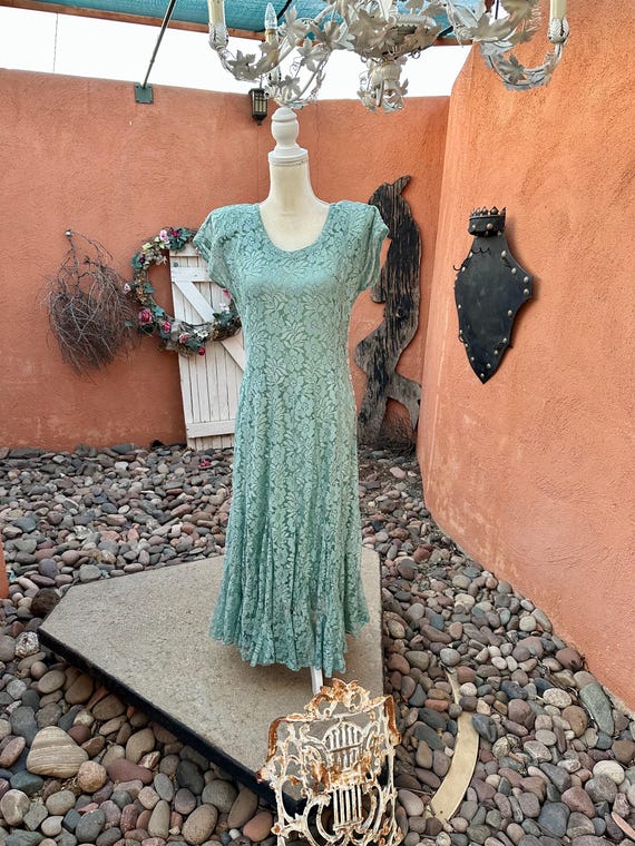 90s Turquoise Aqua Blue Lace Bias Cut Midi Dress Size M