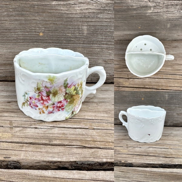 Antique Victorian Shaving Mug White Porcelain China Pink florals