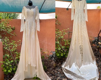 1930s Ivory Satin & Lace Wedding Gown With Original Veil Headband By H Liebes San Francisco Size XS