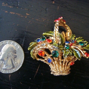 Vintage Jeweled Flower Basket Brooch Enameled Leaves