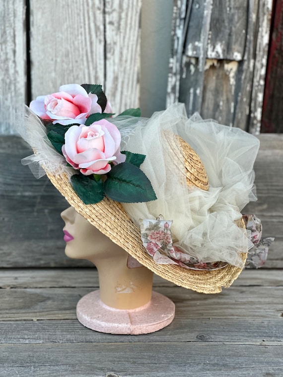 Vintage Millinery Wide Brimmed Straw Hat Pink Florals - Etsy display picture 1