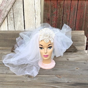 1960s White Wedding Veil Floral Comb Crown By Altar Bound