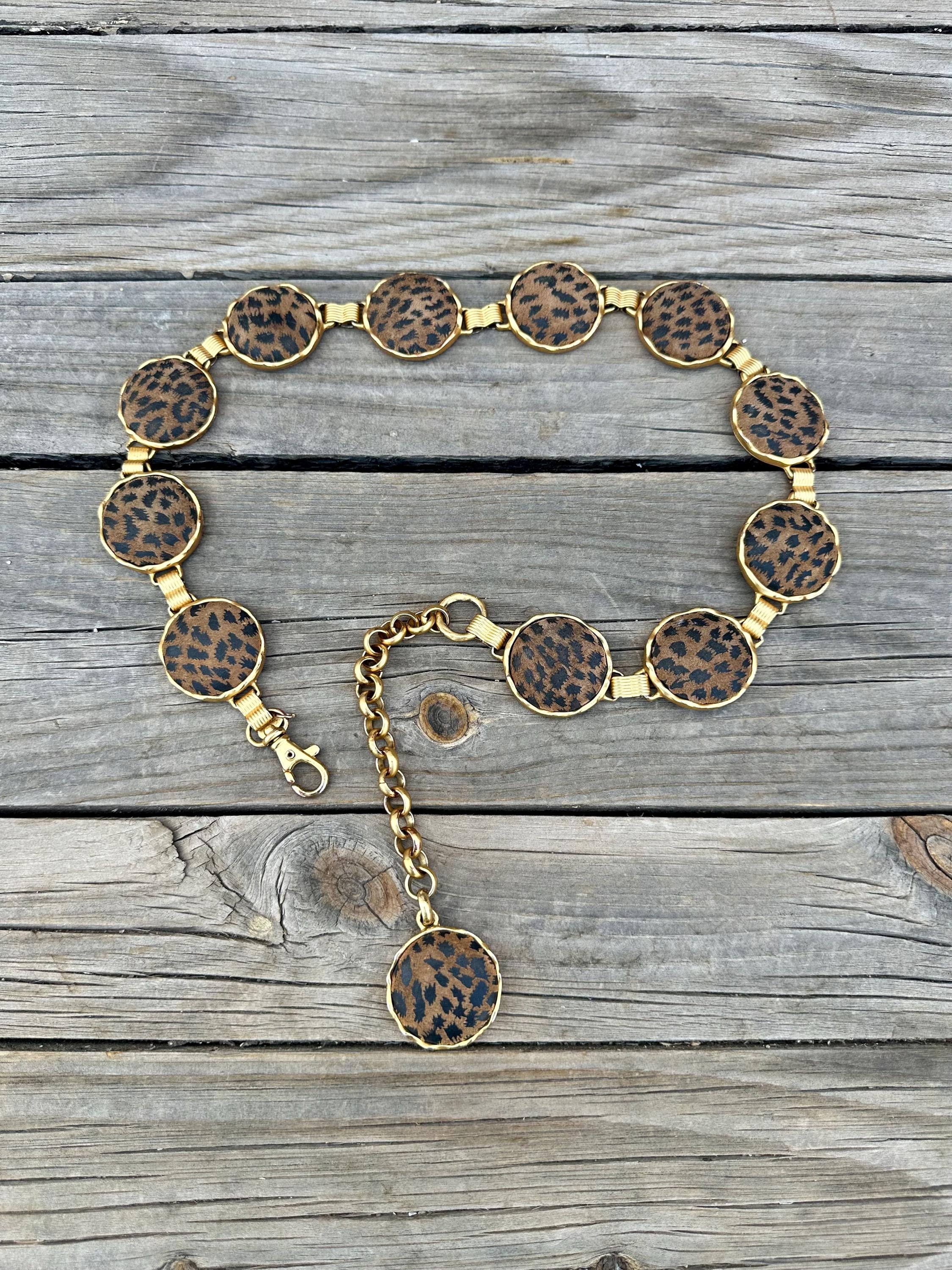 Vintage EXP Animal print Suede Medallion Chain Belt End to End 39”. 80s Padded Animal Print Chain Belt: Heavy Metal Circle Belt  main image 3