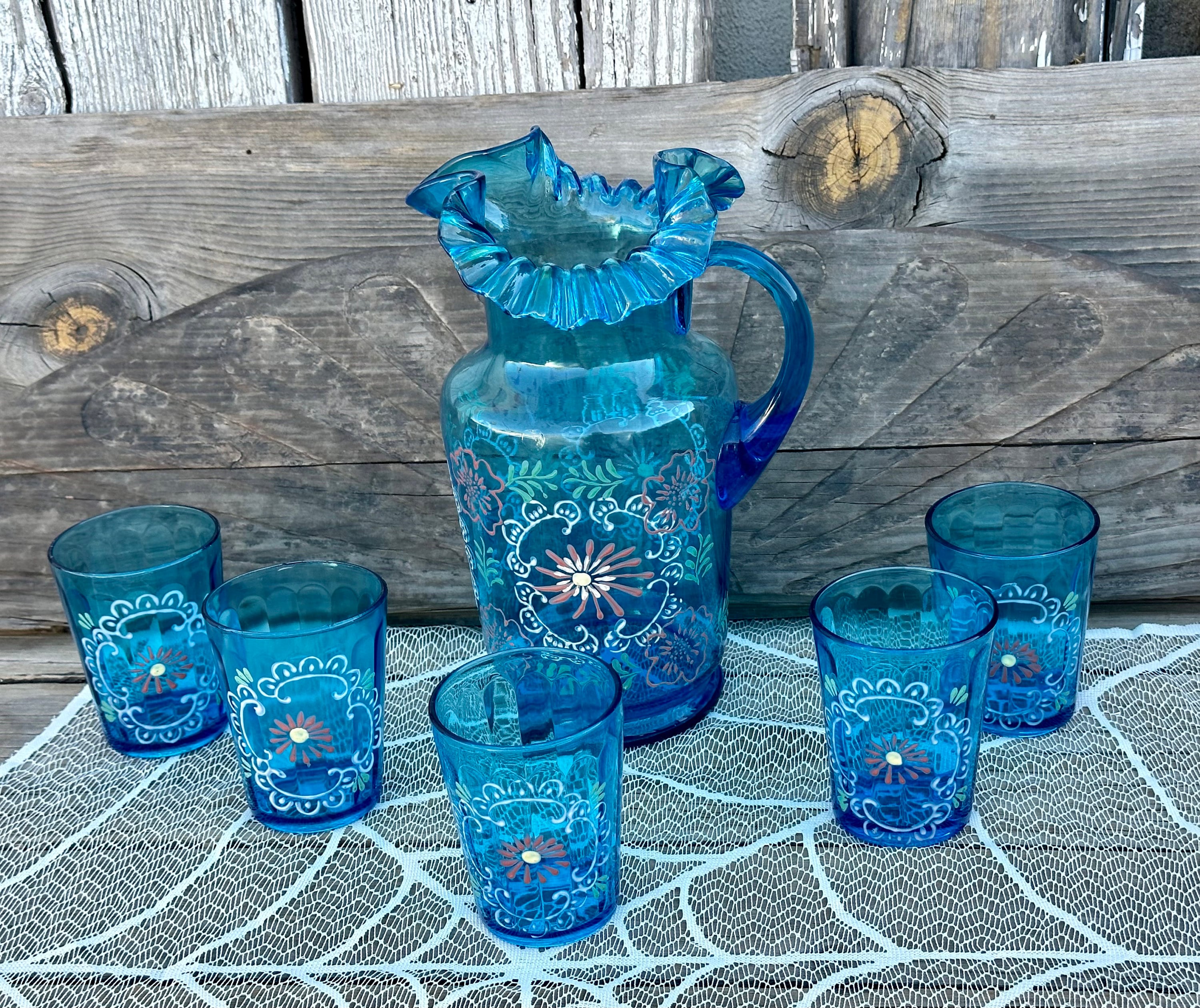 ベガス セット ※レモネード Antique Enameled Blue Glass Lemonade Set Pitcher With 5 Glasses - Etsy