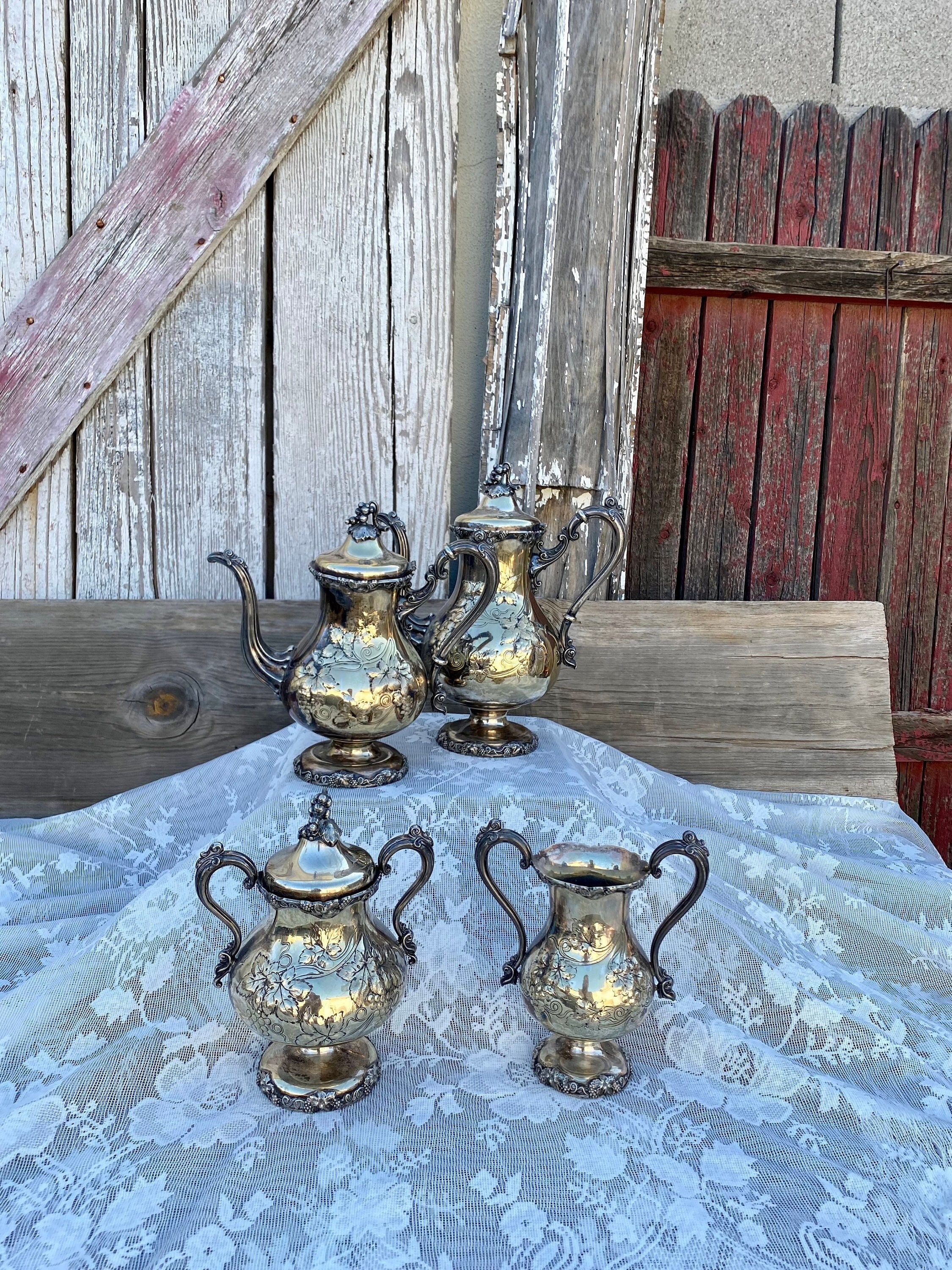 Antique Victorian 5 Piece Silver Plate Tea & Coffee Set Grape