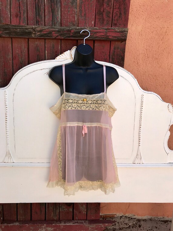SALE 1920s Peach Silk Chiffon Step In Chemise Lace