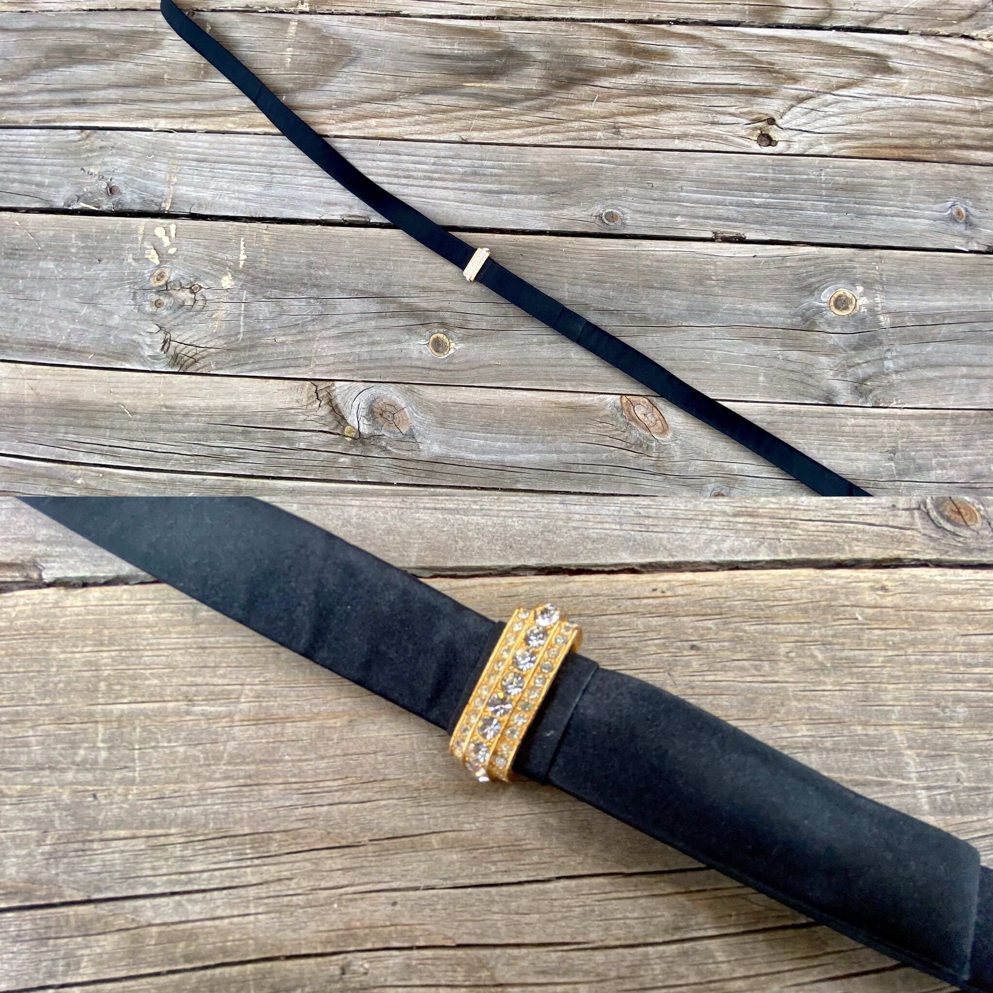 80s Vintage St John Black Satin Belt: Gold Rhinestone Accent 