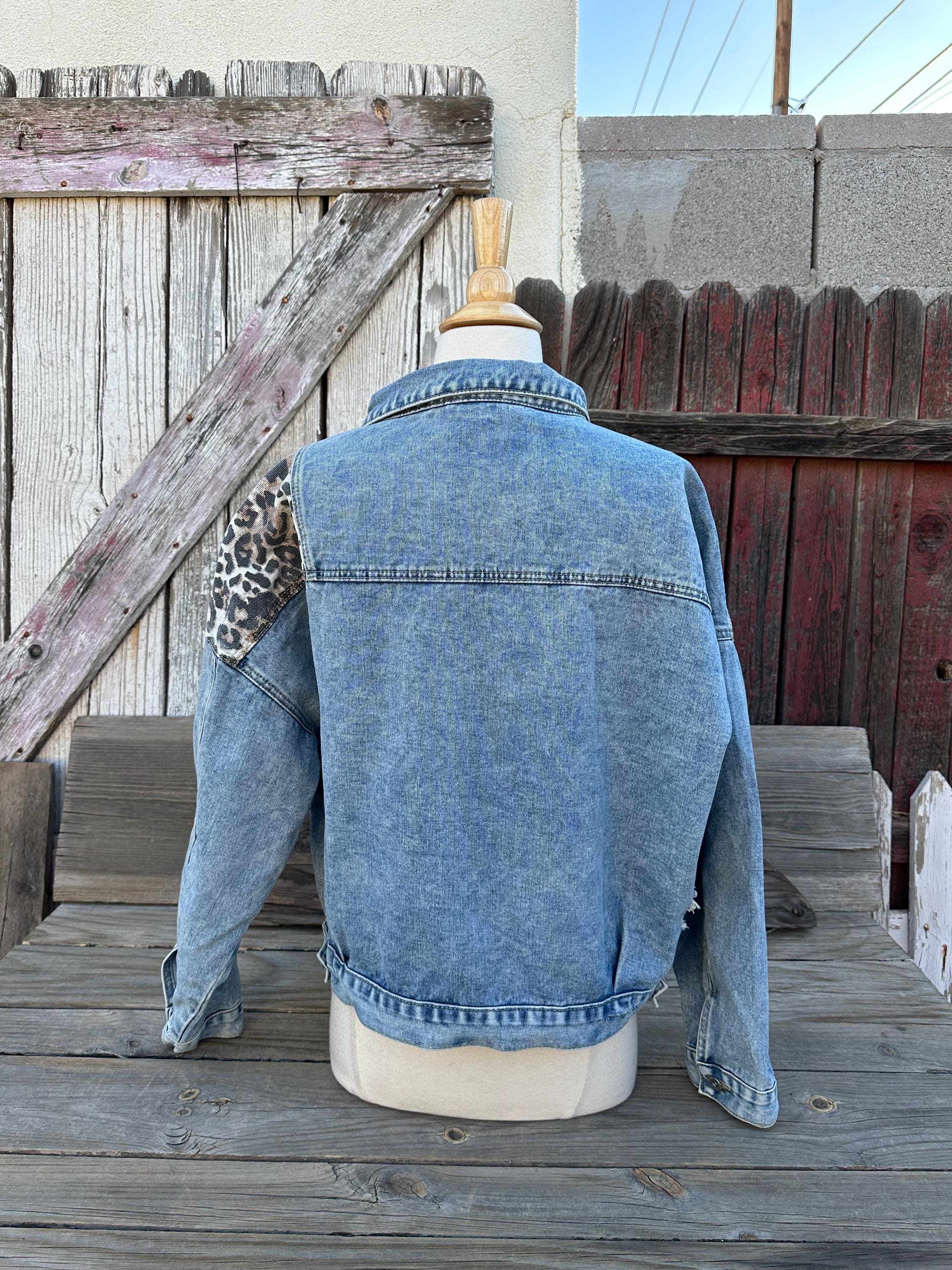 80s Vintage Distressed Denim Jacket Leopard Print Patches Size L 