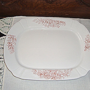 Antique White Stone China Platter Brown Floral Leaves 14.75 x 11 Dieu et mon Droit Rustic Farmhouse image 1