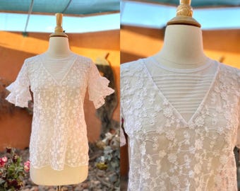 Vintage Sheer White Cotton Net Blouse With Floral Embroidery By Maurices Size S