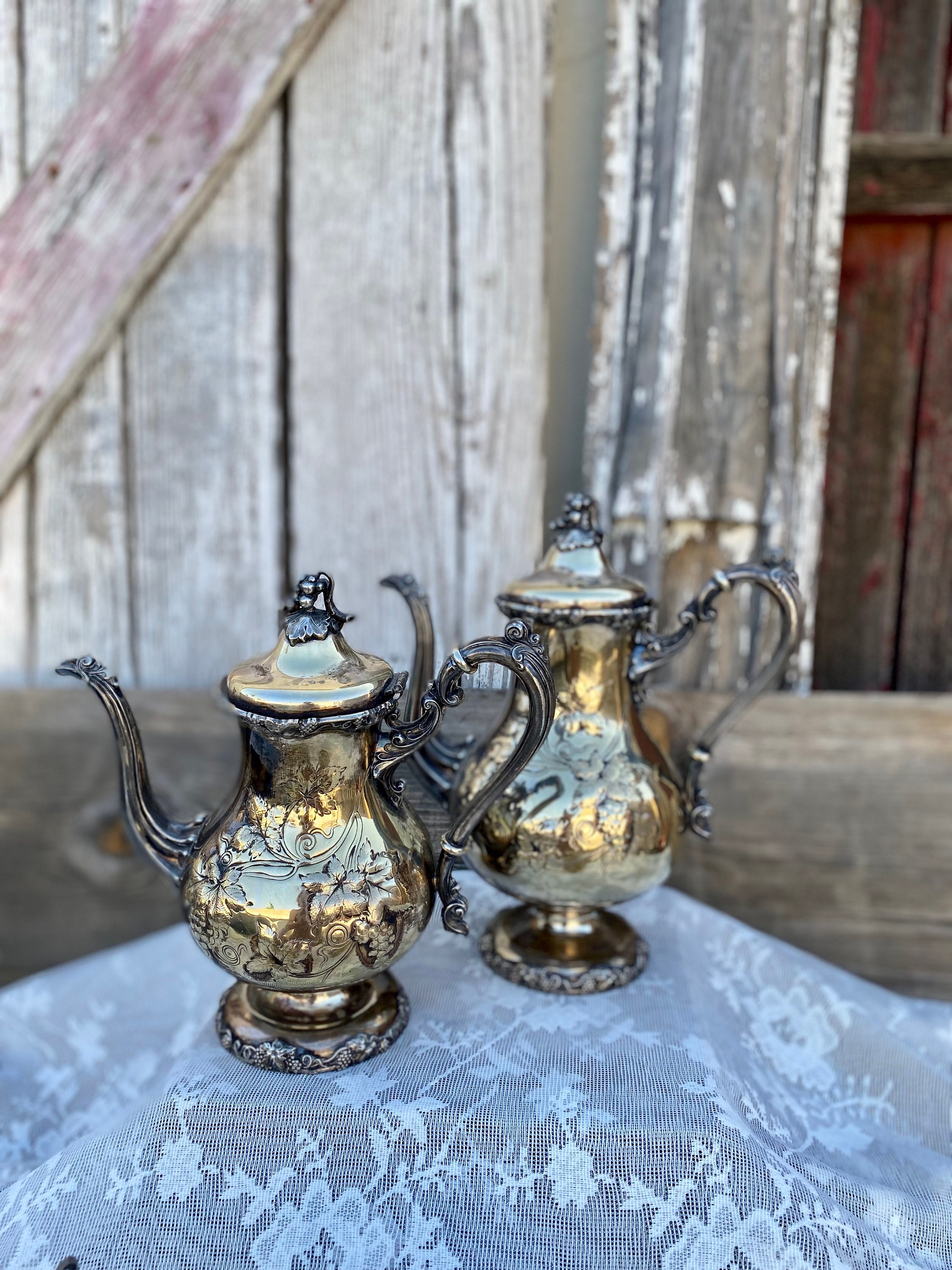 Antique Victorian 5 Piece Silver Plate Tea & Coffee Set Grape