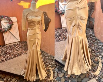 Vintage Gold Satin n Lace Mermaid Hem Fitted Ruched Dress By Xscape Size 2