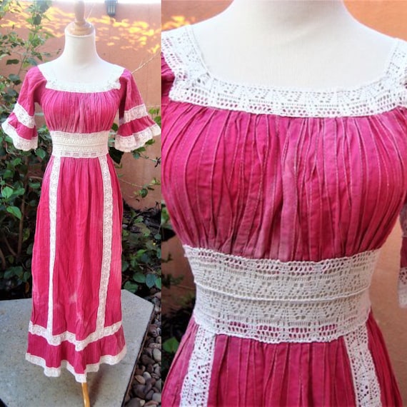 SALE 1960s Boho Hippy Mexican Wedding Dress Pink … - image 1