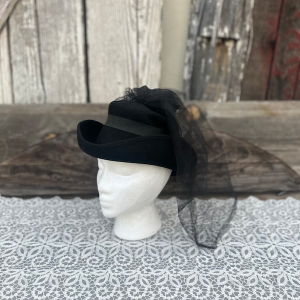 1970s Victorian Style Black Riding Hat With Veil By Merrimac Hat Corp
