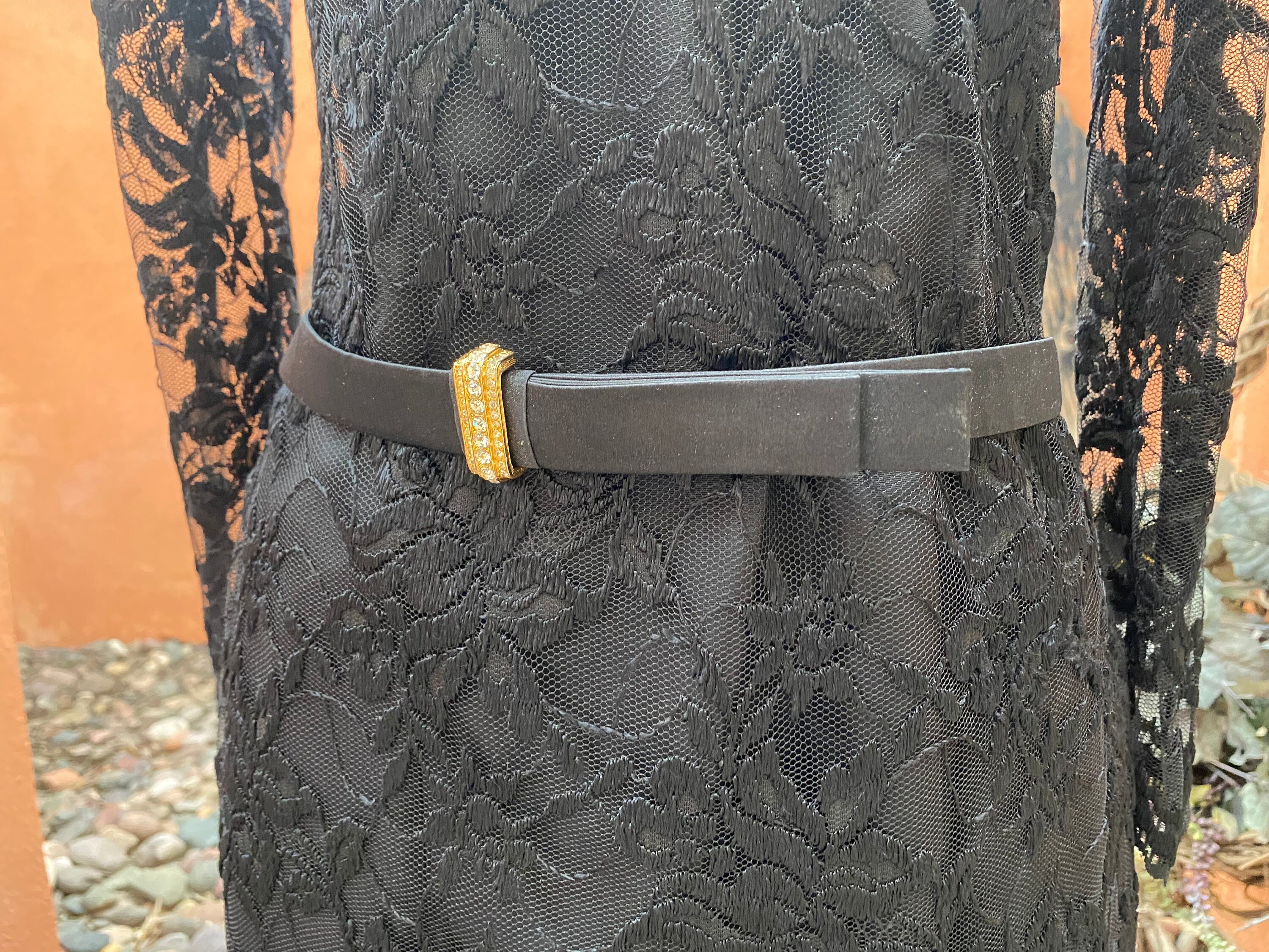 80s Vintage St John Black Satin Belt: Gold Rhinestone Accent  display picture 3